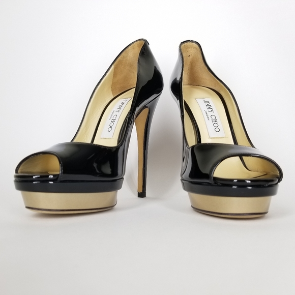 JIMMY CHOO Patent Leather Platform Heels Open Toe Stiletto Pumps Size 37 - Picture 13 of 16